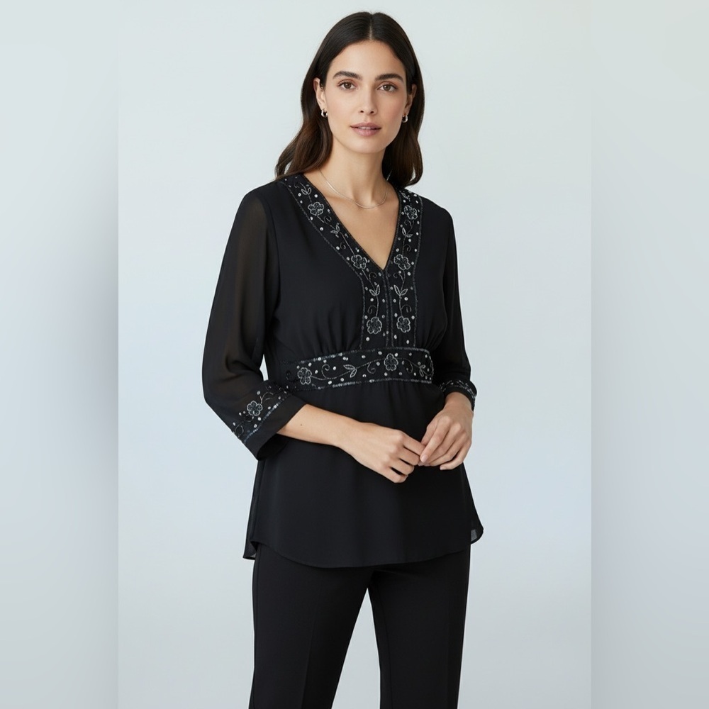 Claudia Richard Black Beaded Embroidered V-Neck Blouse Size L